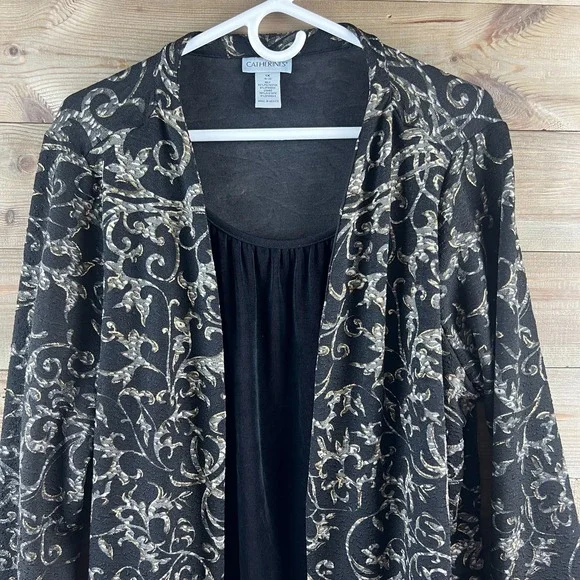 Catherines Womens Shirt One Piece Cardigan Blouse Twofer Black Gold Elegant 1X - Picture 2 of 7